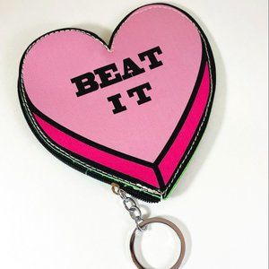 Adorable pleather faux leather "BEAT IT" heart shaped change purse key chain